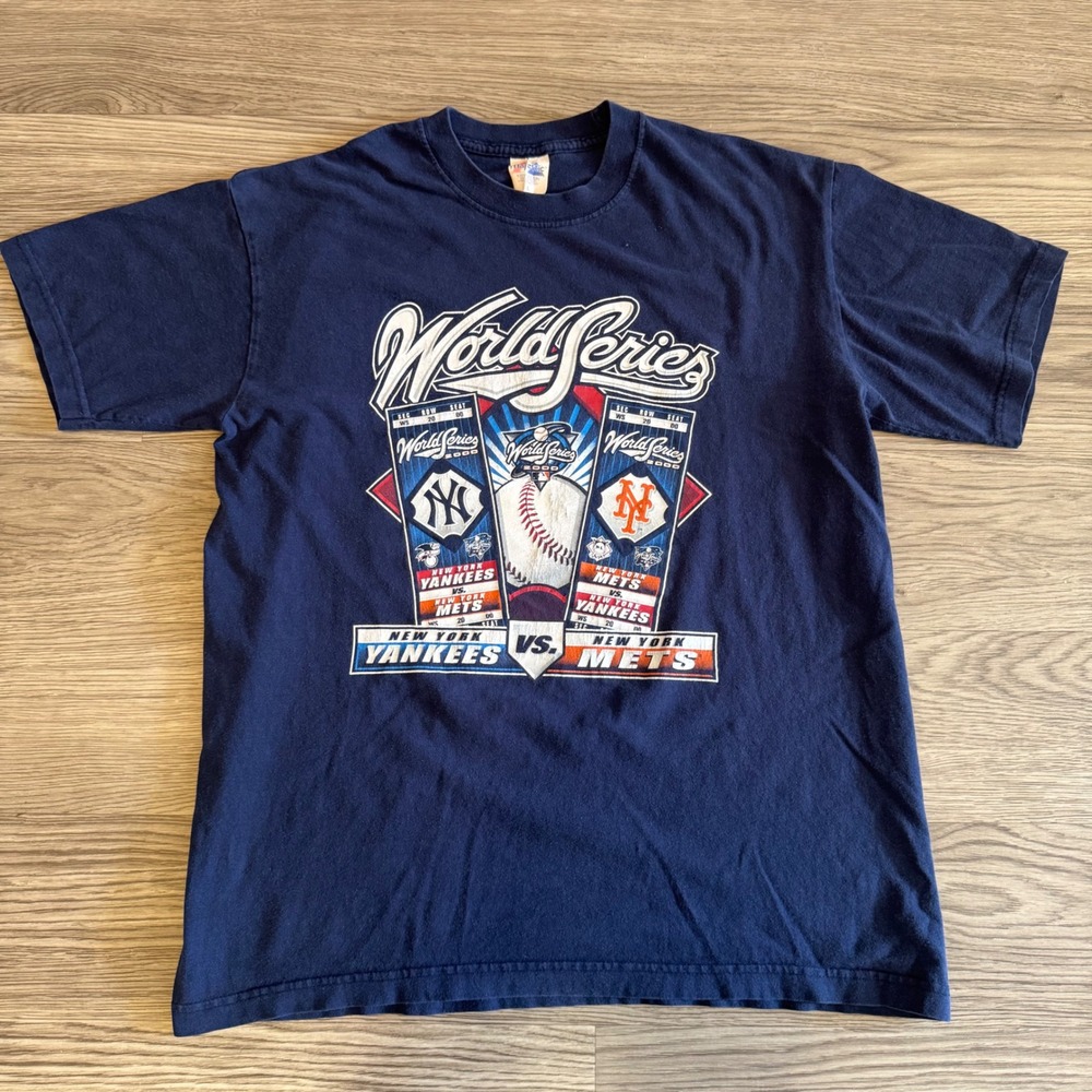 Vintage Y2K 2000 World Series Yankees vs Mets Subway Series T-Shirt Navy Large